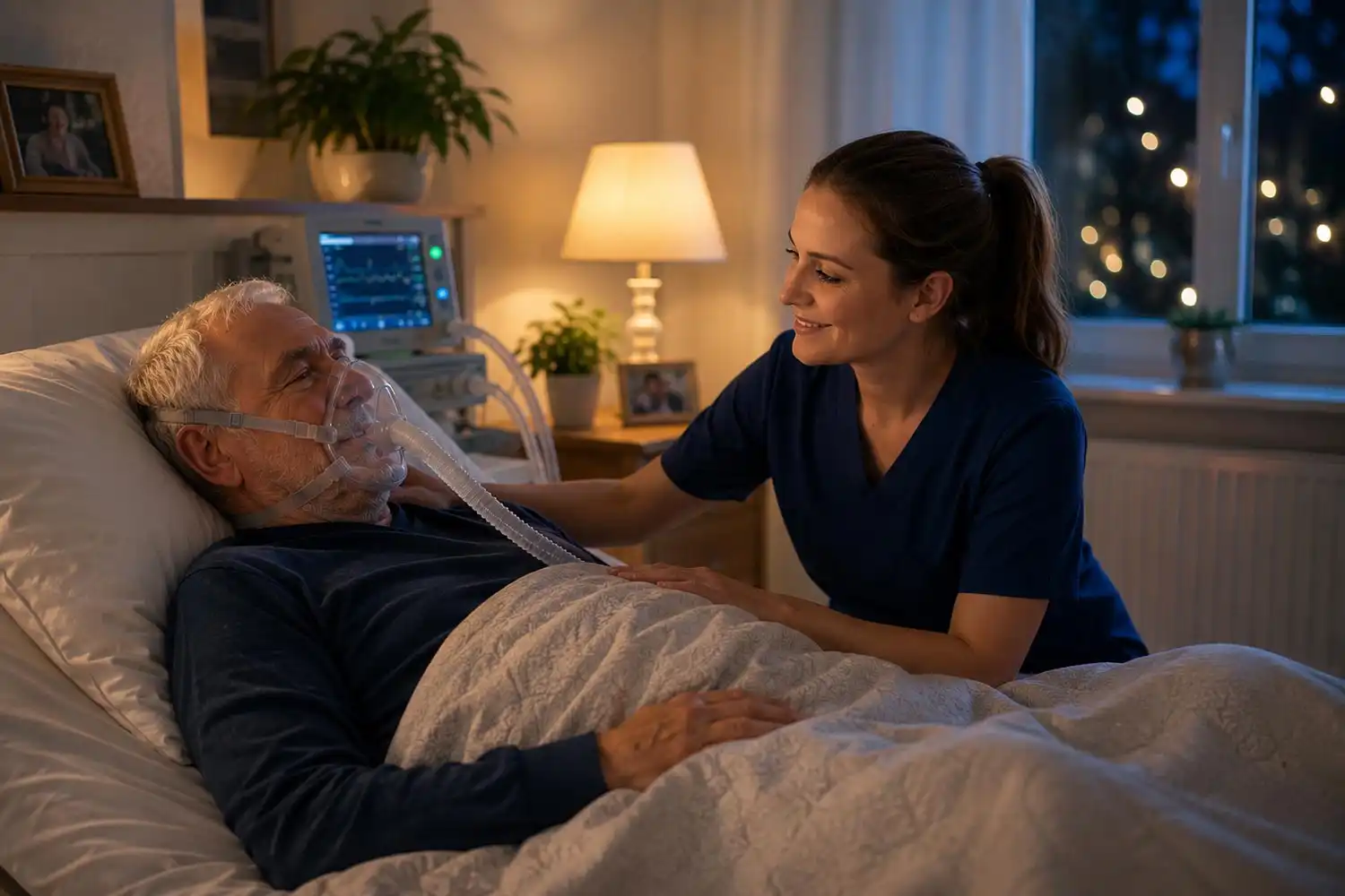 Pflegefachkraft betreut beatmeten Patienten nachts zu Hause – 24h-Beatmungspflege erbu Hamm.