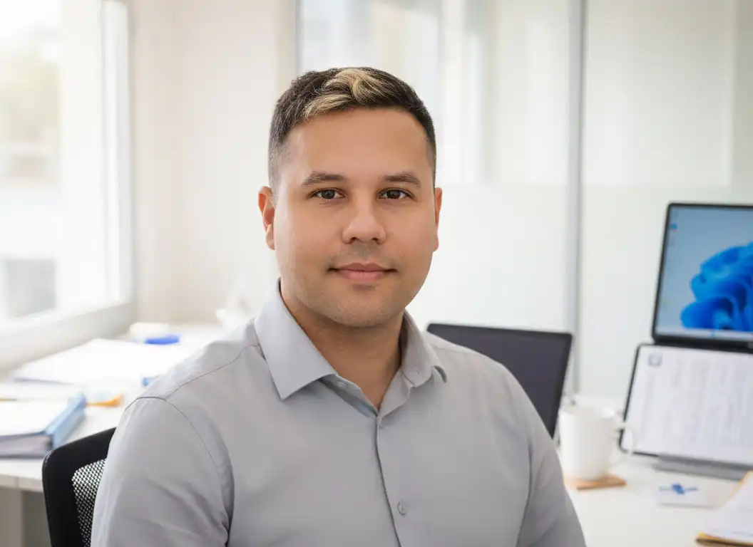 Erman Erarslan, Geschäftsführer von erbu Pflegedienst Hamm, im Büro.